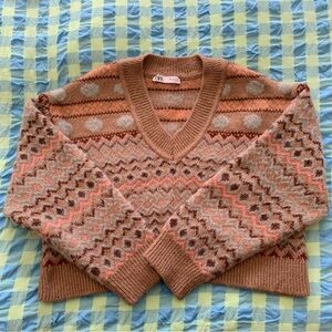 Zara Brown and Pink Geometric Knit Sweater
